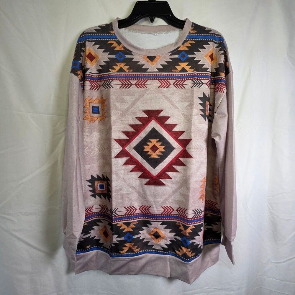 Women's Aztec Print Long Sleeve Pullover Top Large L Multicolor Tunic